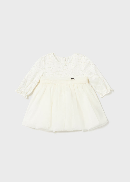 MAYORAL EMBROIDERED TULLE DRESS - OFF WHITE