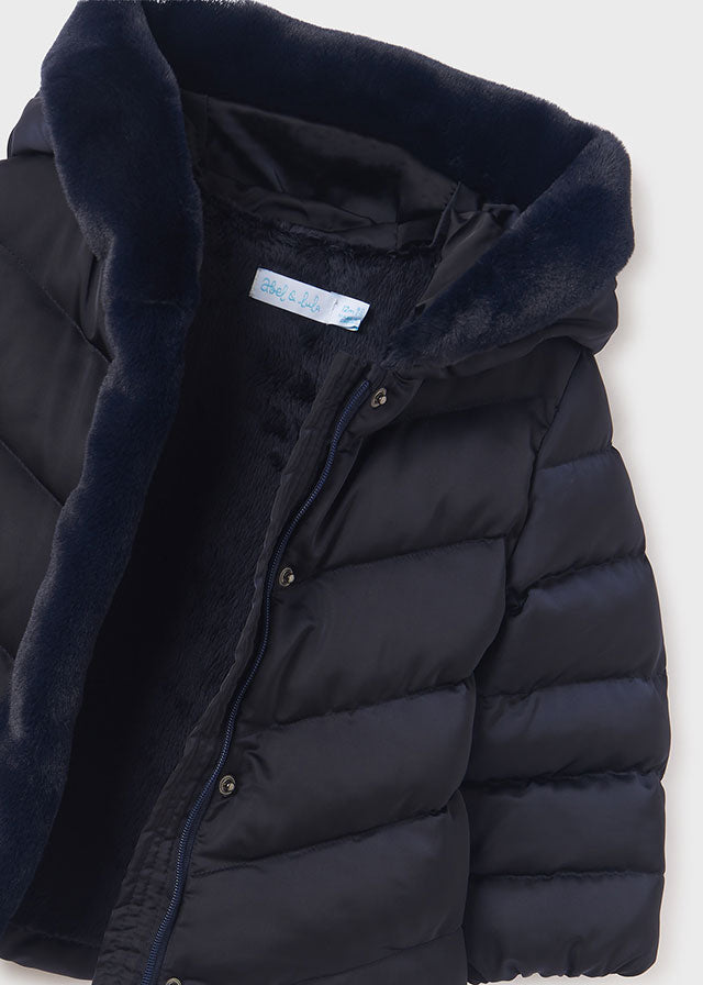 ABEL & LULA SATIN PUFFER JACKET FAUX FUR DETAILS