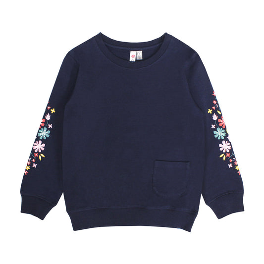 NAVY POP OVER TOP W/ PRINT FLOWER SLEEVE