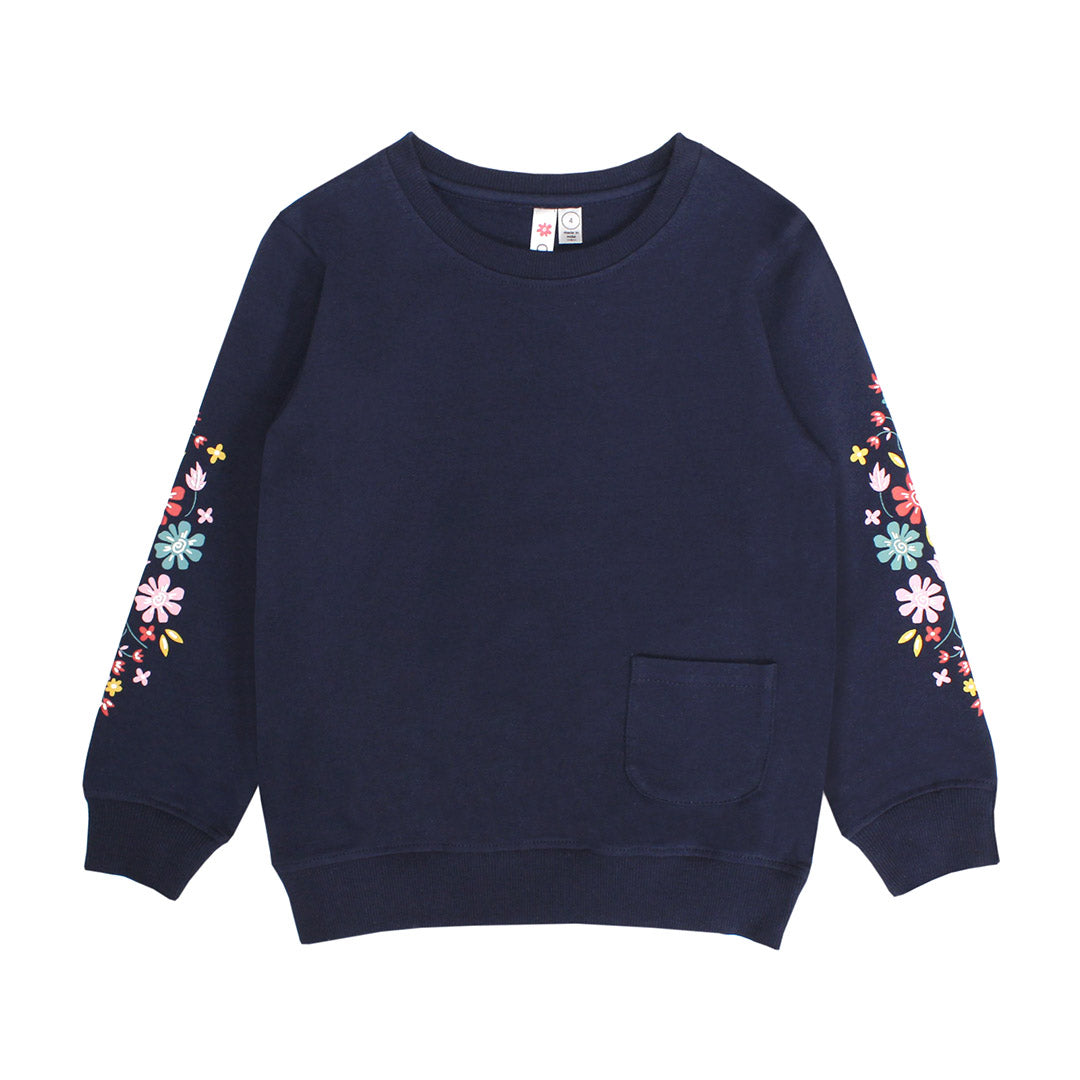 NAVY POP OVER TOP W/ PRINT FLOWER SLEEVE