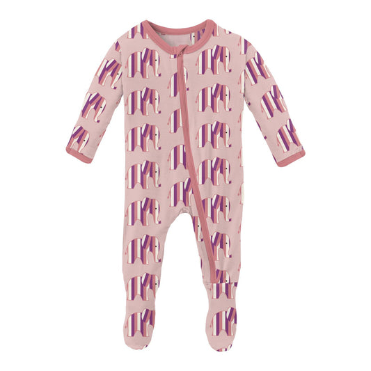 PRINT FOOTIE WITH ZIPPER - BABY ROSE ELEPHANT STRIPE