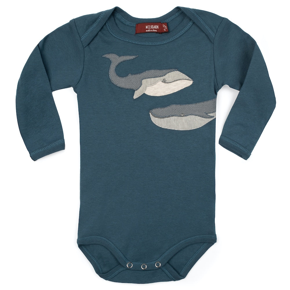BLUE WHALE APPLIQUE ORGANIC COTTON LONG SLEEVE ONE PIECE