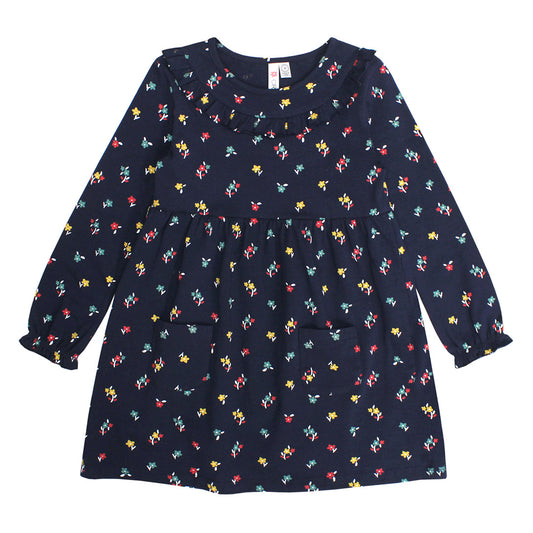 NAVY FLOWER RUFFLE COLLAR DRESS W/ POCKETS