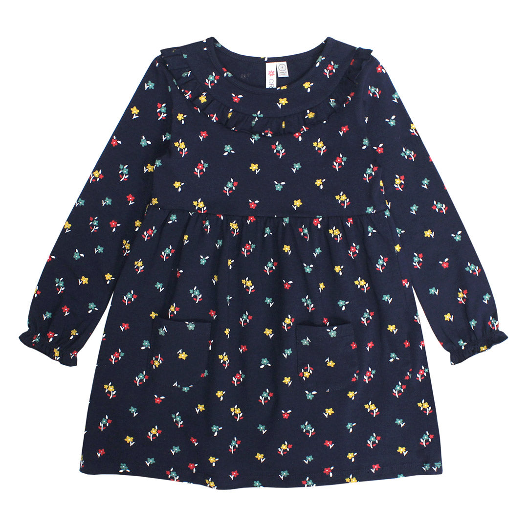 NAVY FLOWER RUFFLE COLLAR DRESS W/ POCKETS