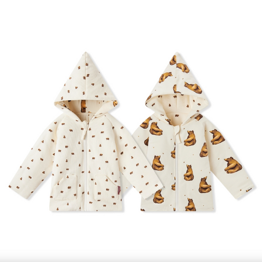 MILKBARN REVERSIBLE WAFFLE KNIT HOODED JACKET - HONEY BEAR