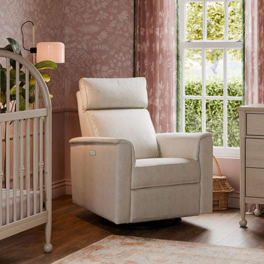 Willa Power Glider Recliner w/ adj. headrest & USB in Performance Grey Eco-Weave w/Light Wood Base