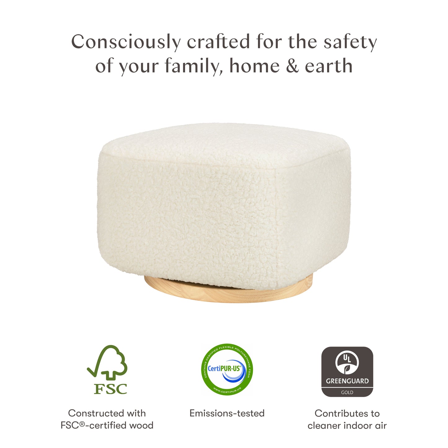 Kiwi Gliding Ottoman in Cream Shearling with Light Wood Base