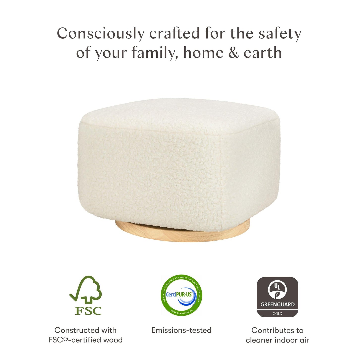 Kiwi Gliding Ottoman in Cream Shearling with Light Wood Base