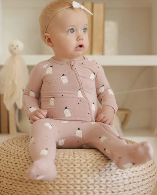 QUINCY MAE BAMBOO ZIP FOOTIE || PINK GHOSTS