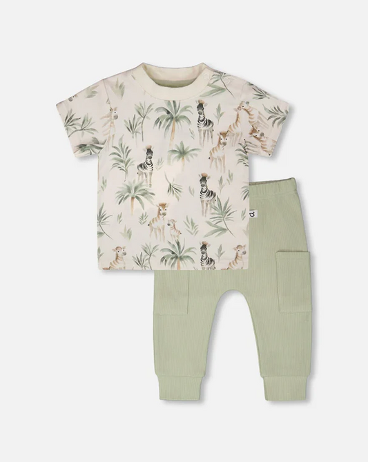 DEUX PAR DEUX T-SHIRT AND PANT SET ZEBRA JUNGLE