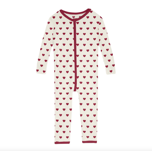 KICKEE PANTS PRINT SINGLE ZIPPER CONVERTIBLE SLEEPER - NATURAL HEARTS