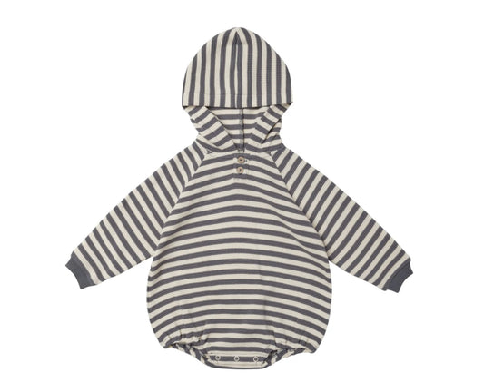 QUINCY MAE WAFFLE HOODED BUBBLE ROMPER NAVY STRIPE