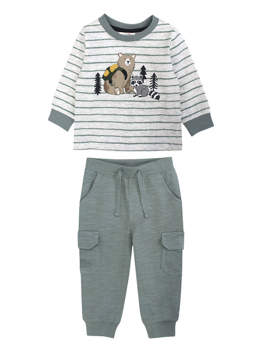 STRIPE BEAR & RACOON TOP W/ OLIVE TERRY PANT