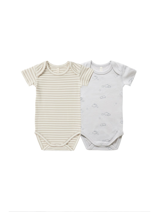 QUINCY MAE SHORT SLEEVE BODYSUIT 2 PACK ASH STRIPE, SUNNY DAYS