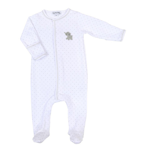 TINY ELEPHANTS EMBROIDERED FOOTIE- SILVER