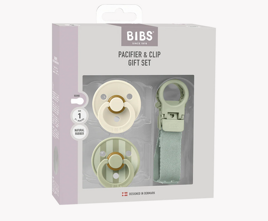 BIBS COLOUR PACIFIER & LOOP CLIP GIFT SET LATEX SIZE 1 SAGE