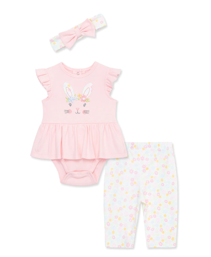 LITTLE ME PINK BUNNY BODYSUIT PANT SET AND HEADBAND