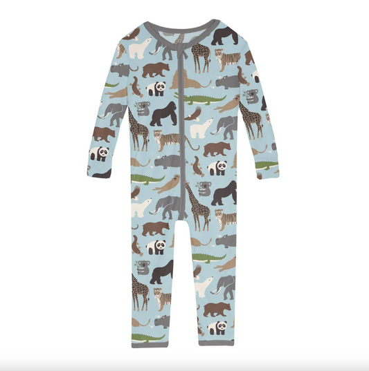 KICKEE PANTS PRINT SINGLE ZIPPER CONVERTIBLE SLEEPER - SPRING SKY ZOO