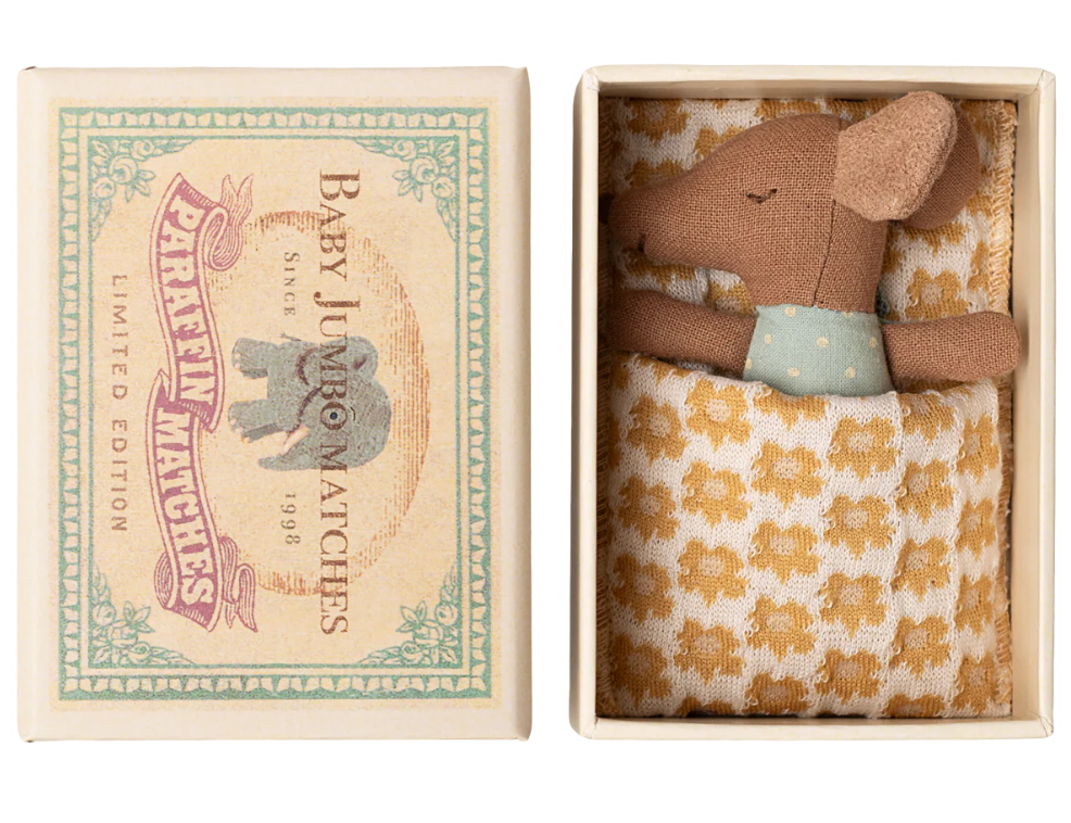 MAILEG SLEEPY WAKEY BABY MOUSE IN A MATCHBOX - BLUE