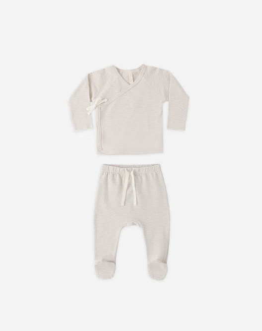 QUINCY MAE WRAP TOP + FOOTED PANT SET OAT MICRO STRIPE