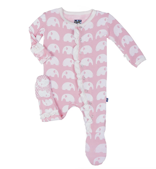 KICKEE PANTS PRINT CLASSIC RUFFLE FOOTIE WITH SNAPS - LOTUS ELEPHANT