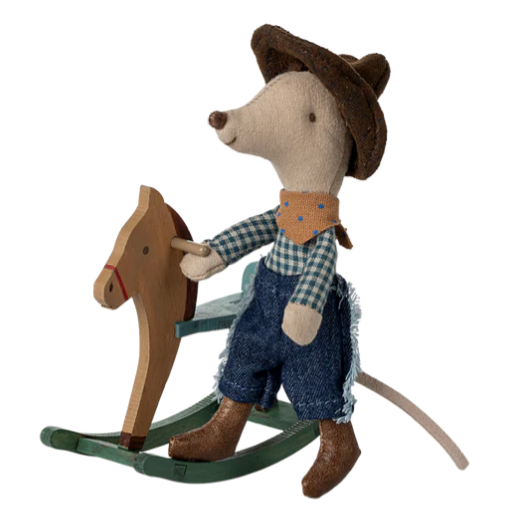 MAILEG COWBOY MOUSE ON ROCKING HORSE, LITTLE BROTHER