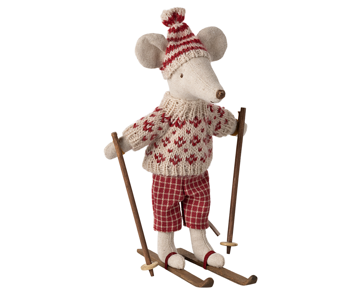 MAILEG WINTER MOUSE WITH SKI SET, MUM - RED