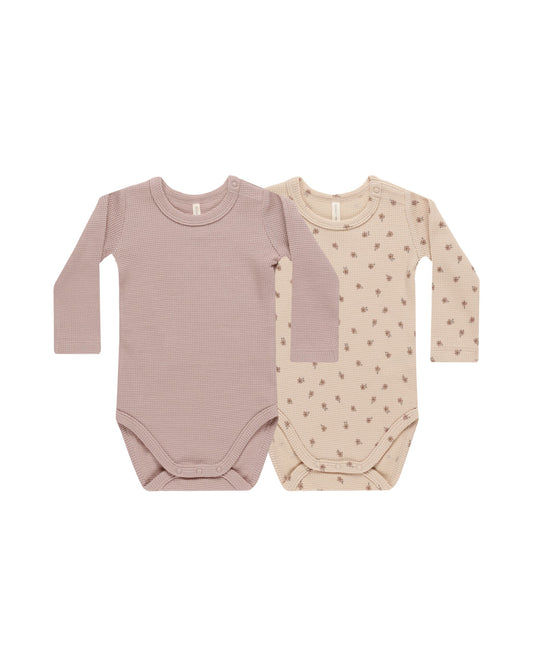 QUINCY MAE WAFFLE BODYSUIT 2 PACK MAUVE, BLOSSOM