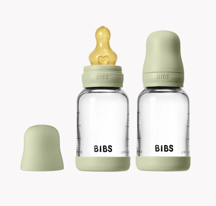 BIBS GLASS BABY BOTTLE ROUND LATEX 2 PACK 120ML SLOW FLOW SAGE