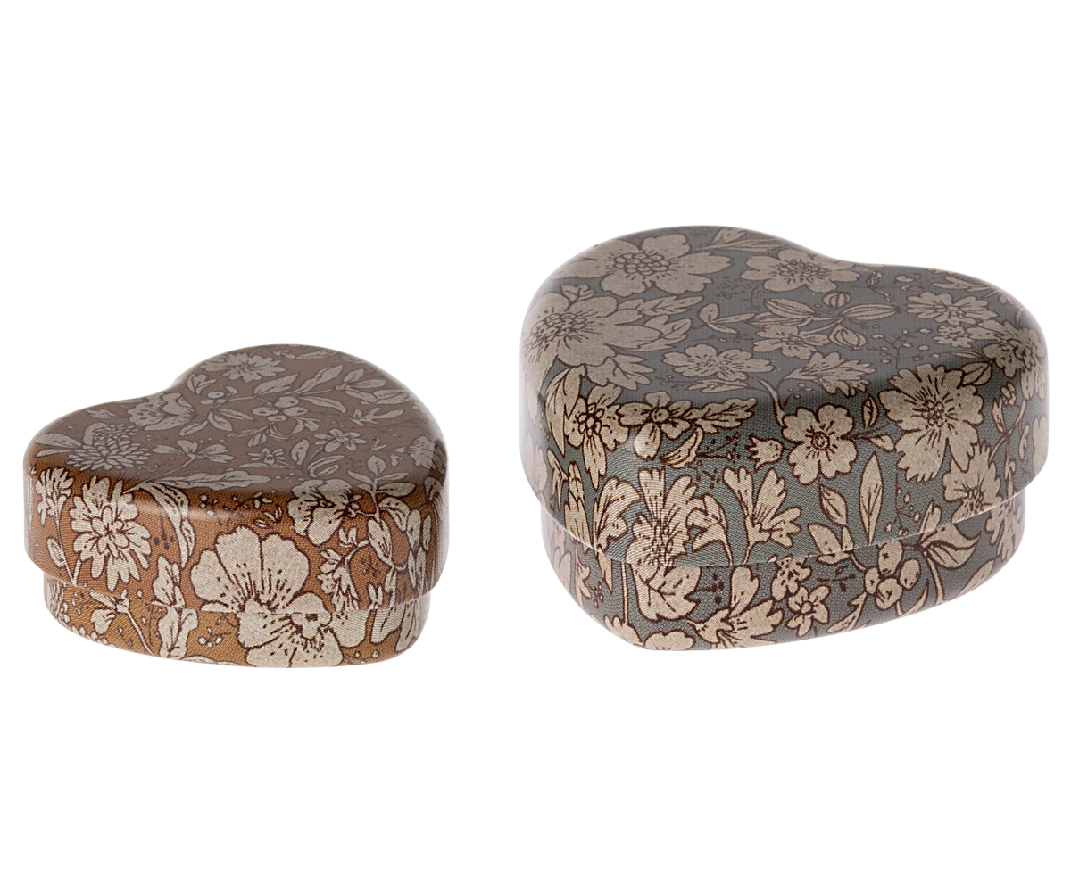 MAILEG METAL HEART BOX, 2 PCS SET- BLUE/OCHER BLOSSOM