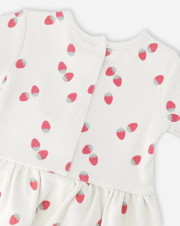 DEUX PAR DEUX COTTON RIB JERSEY TOP AND SHORT SET WHITE PRINTED STRAWBERRIES