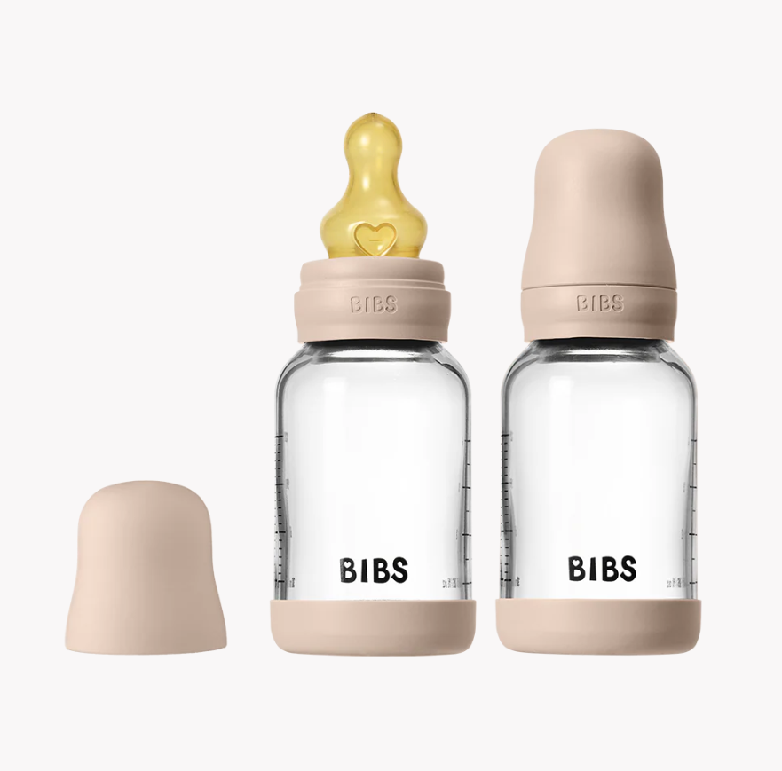 BIBS GLASS BABY BOTTLE ROUND LATEX 2 PACK 120ML SLOW FLOW BLUSH
