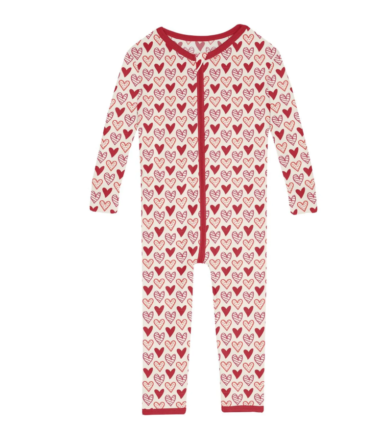 KICKEE PANTS PRINT SINGLE ZIPPER CONVERTIBLE SLEEPER - NATURAL HEART DOODLES