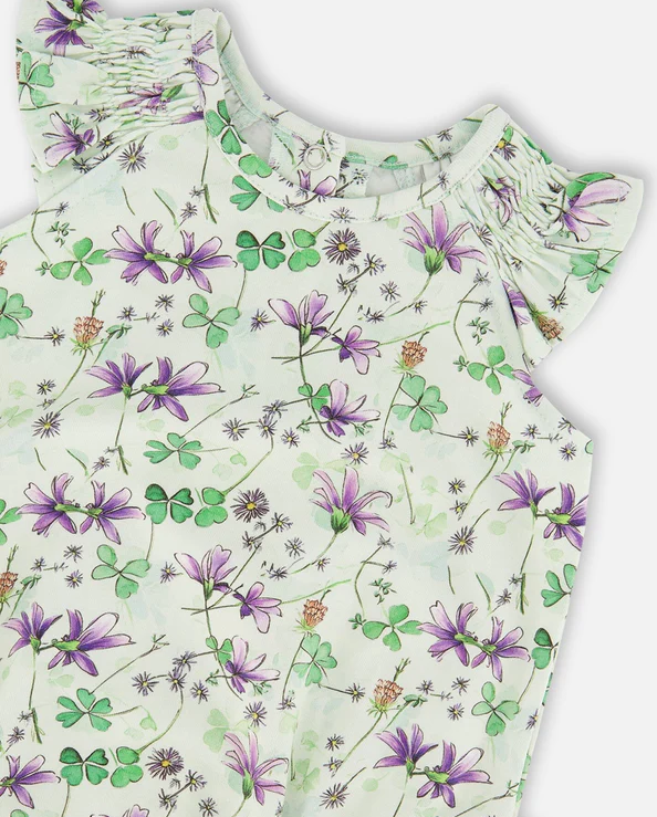 DEUX PAR DEUX JERSEY ROMPER GREEN PRINTED FLOWERS
