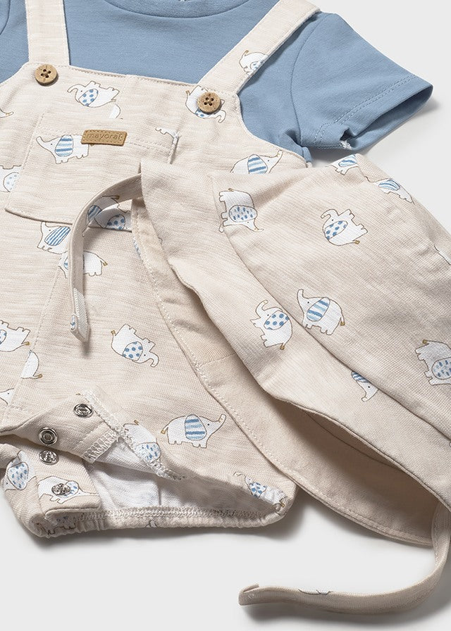 MAYORAL BOY ROMPER WITH HAT AND FAUX DUNGAREE