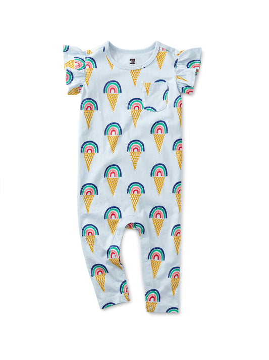 TEA RUFFLE SLEEVE BABY ROMPER- RAINBOW CONES IN BLUE