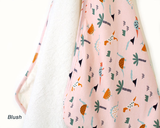 REVERSIBLE ORGANIC COTTON BABY HOODED TOWEL - DINO PRINT - BLUSH