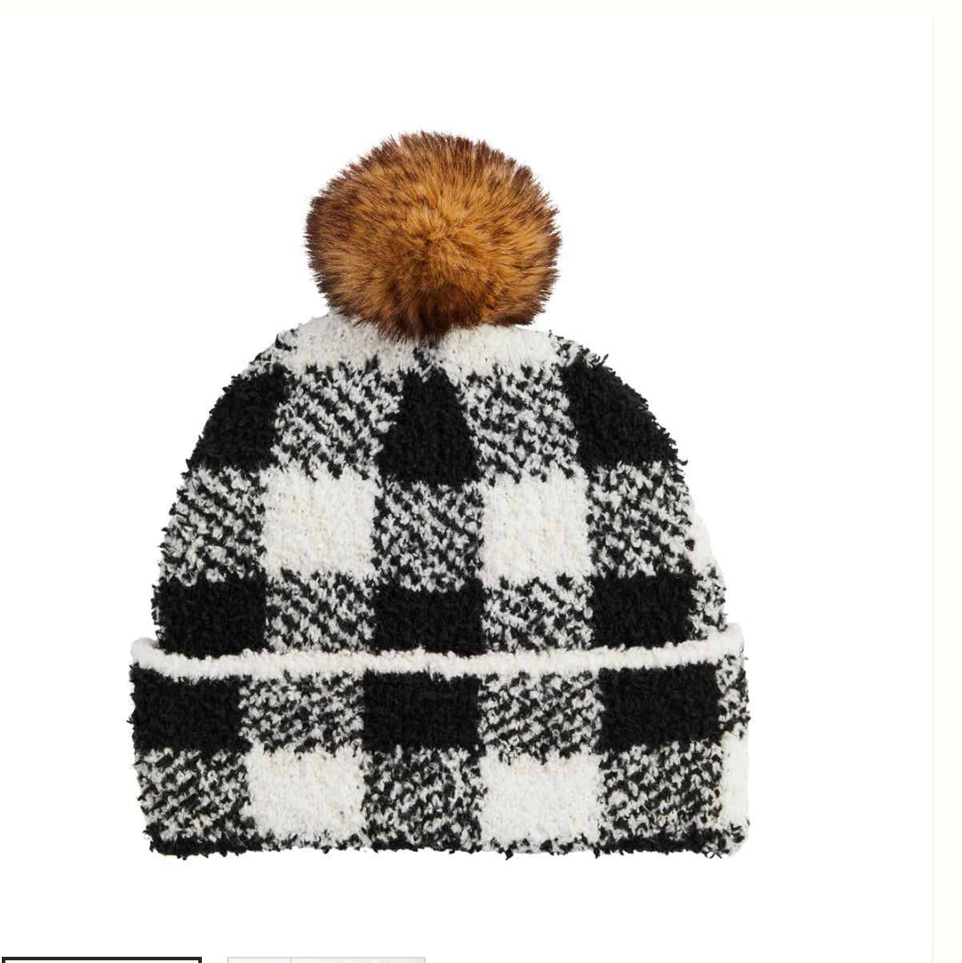 WHITE CHECK CHENILLE BEANIE