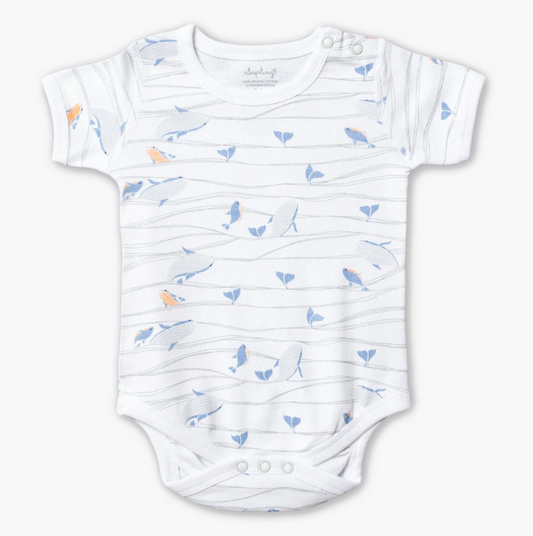 WHALES SHORT SLEEVE BODYSUIT- BLUE/WHITE