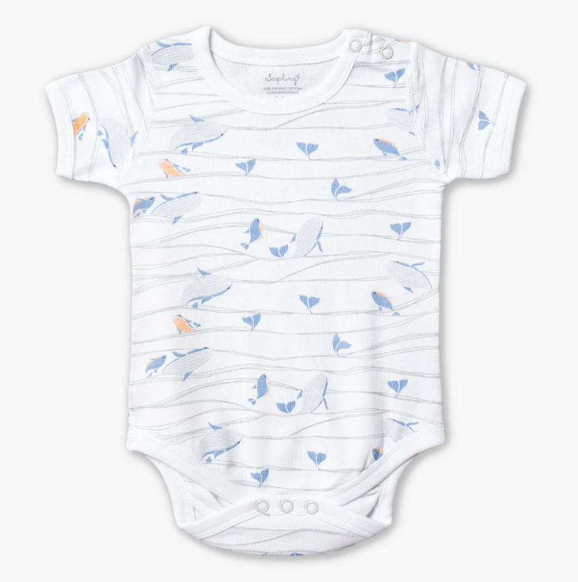 WHALES SHORT SLEEVE BODYSUIT- BLUE/WHITE