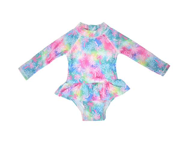 FLAP HAPPY UPF 50+ ALISSA INFANT RASH GUARD SWIMSUIT PINK TROPICAL PALMS