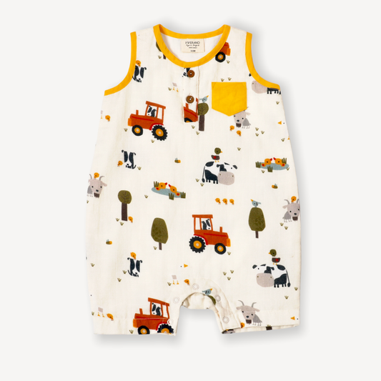 FARM SLEEVELESS SHORT POCKET ROMPER - ORGANIC MUSLIN