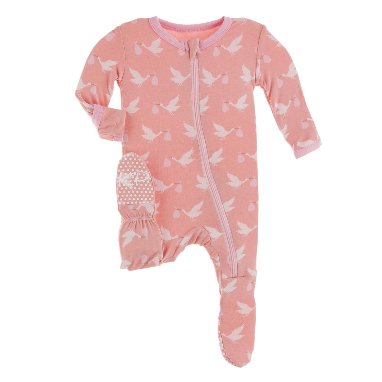 KICKEE PANTS PRINT FOOTIE WITH ZIPPER- BLUSH STORK