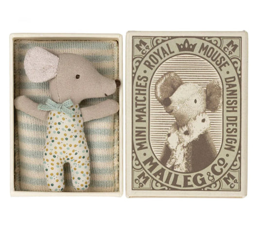MAILEG SLEEPY/WAKEY BABY MOUSE IN MATCHBOX - BLUE