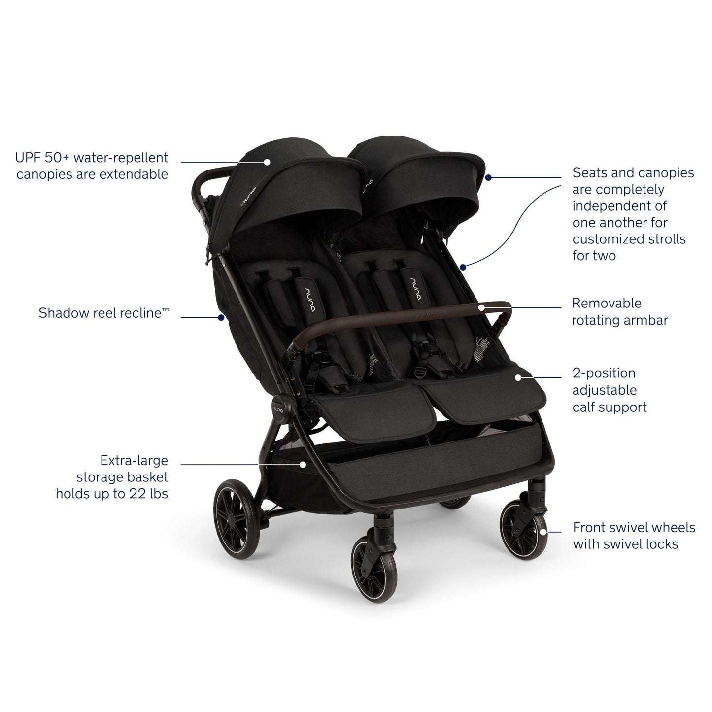 NUNA TRVL DUBL STROLLER CAVIAR
