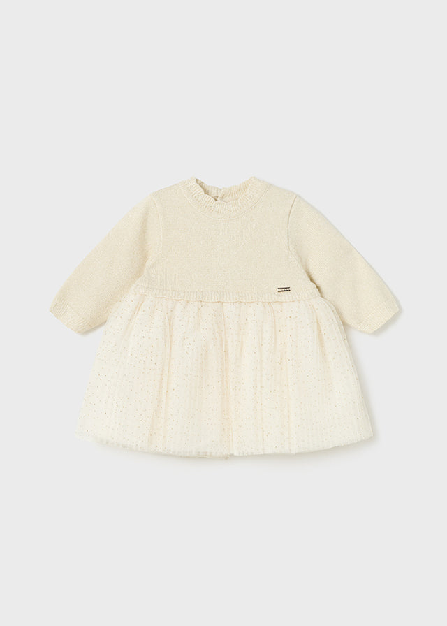 Mayoral Champagne Pleated Knit Tulle Dress