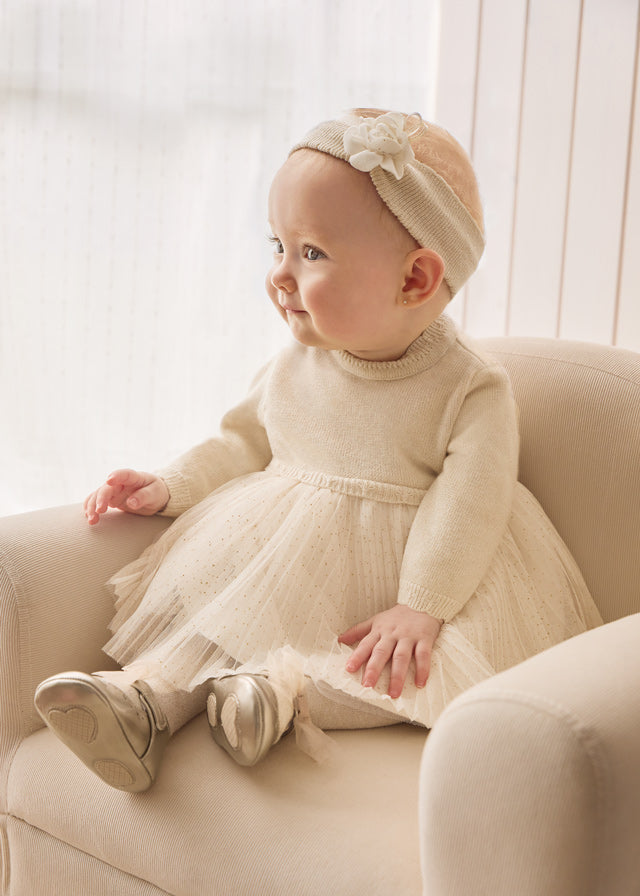 Mayoral Champagne Pleated Knit Tulle Dress - 4-6 Months Mayoral Champagne Pleated Knit Tulle Dress - 4-6 Months