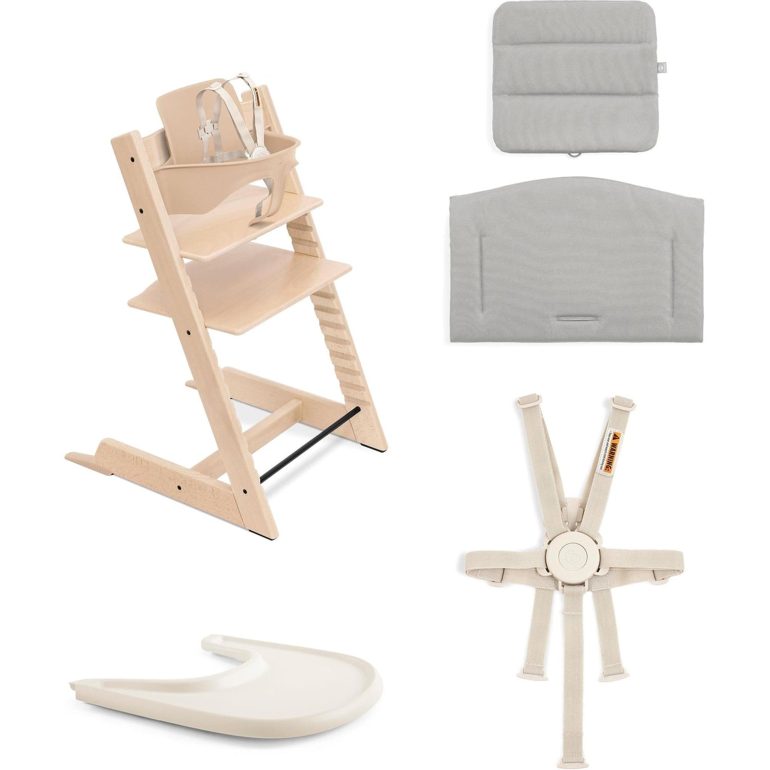 Tripp Trapp High Chair Natural, Nordic Grey Cushion and Stokke Tray