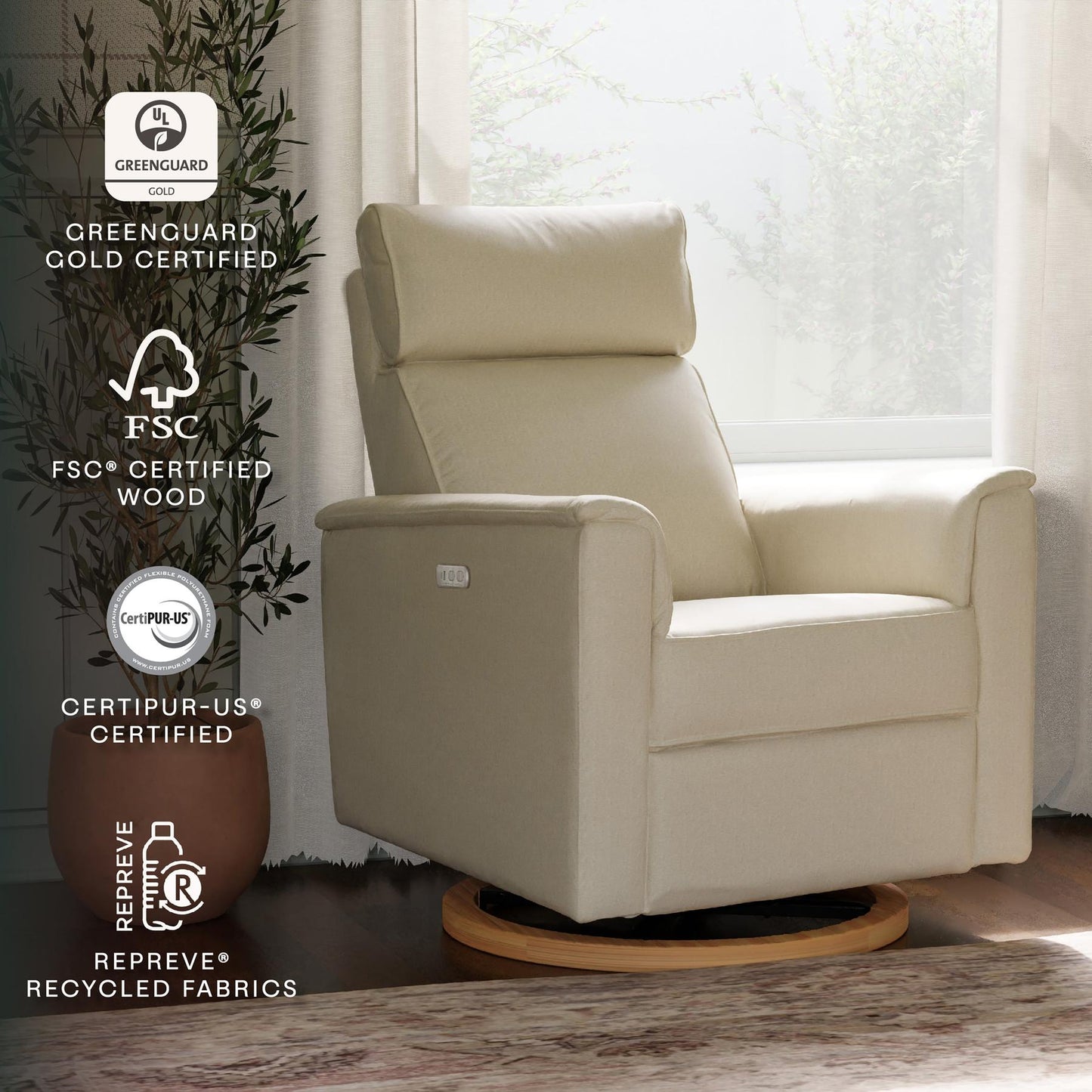 Willa Power Glider Recliner w/ adj. headrest & USB in Performance Grey Eco-Weave w/Light Wood Base