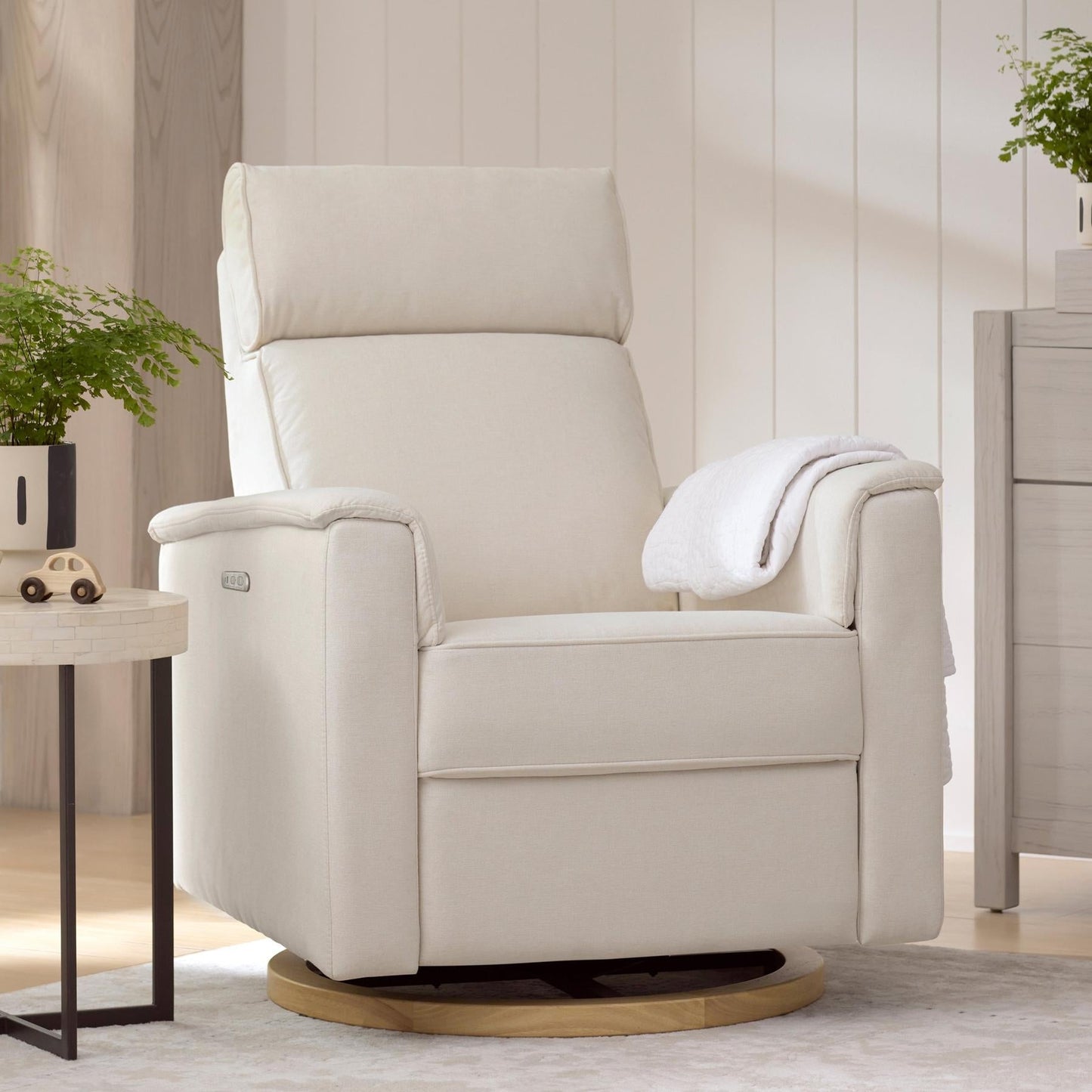 Willa Power Glider Recliner w/ adj. headrest & USB in Performance Grey Eco-Weave w/Light Wood Base